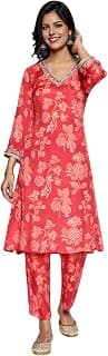 W for Woman Crimson Red Printed Modal A-line Kurta and Straight Pant Set