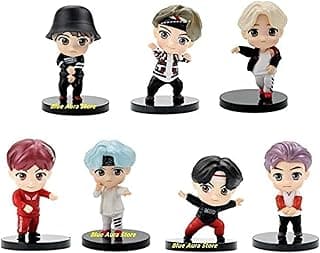 Blue Aura BTS BT21 Bangtan Boys Set of 7 Action Toy Figure Collectible Height - 7.8 CM Multi Color | Dancing Set Standing