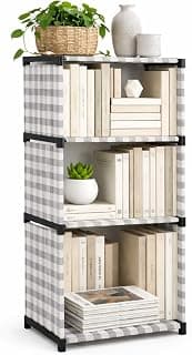 4-Tier Book Rack Bookshelf, Multi-Level Storage Organizer for Books, Magazines, Office Supplies, Space-Saving Design, Grey Check Pattern with Heavy Fabric Cover 4 layer rack