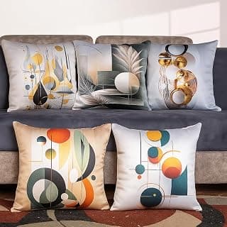 Amazon Brand - Umi 3D Decorative Satin Sofa Cushion Covers Set of 5, 16 inch x 16 inch, Sofa Pillow Cover, Grey, Beige and Gold, Geometrical Design, Zipper Closure (ArtEcho 16X16 Inches)