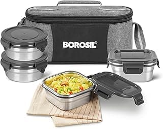 Borosil Feast Stainless Steel Lunch Box with Bag | Set of 4 (400 ml x 2 Square + 400 ml x 2 Round) | Tiffin Box for Office, School & College