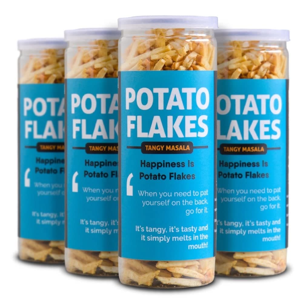 Omay Foods Roasted Potato Flakes Aloo Laccha, 50g Jar (Pack of 4) | Oil Free, Non Fried | Healthy Chips Alternative | Chat Masala | 75% Less Fat | Diet Snack | Cholesterol Free Namkeen