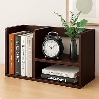 Engineered Wood Book Rack for Study Room, Book Organizer Stand for Bedroom, Living Room, Office | Desktop Wooden Bookshelf, Small Table Top Book Organizer with 2 Compartments, Dark Brown