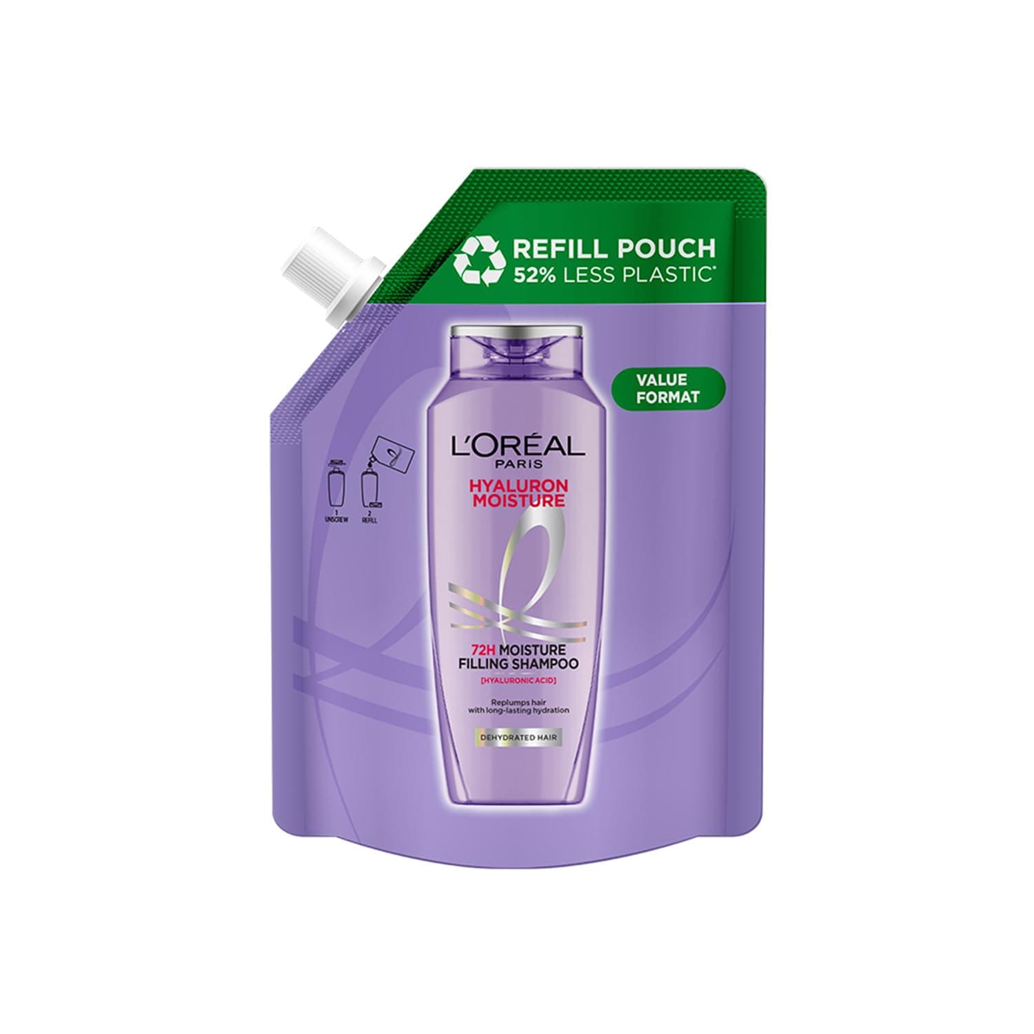 L’Oréal Paris Hyaluron Moisture Shampoo Refill With Hyaluronic Acid For 72 HR Hydrated Hair, 500ml
