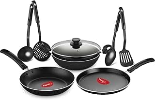 Pigeon Mio Nonstick Aluminum Cookware Gift Set, Includes Flat Tawa, Fry Pan, Kadai with Glass Lid, Kitchen Tool Set, Black, 8 Pieces