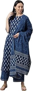 Amayra Women's Cotton Printed Straight Kurta with Palazzos and Dupatta Set