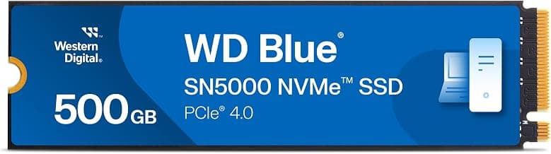 Western Digital WD Blue SN5000 NVMe 500GB, Upto 5000MB/s R, 5Y Warranty, PCIe Gen 4 NVMe M.2 (2280), Gaming Storage, Internal Solid State Drive (SSD) (WDS500G4B0E)