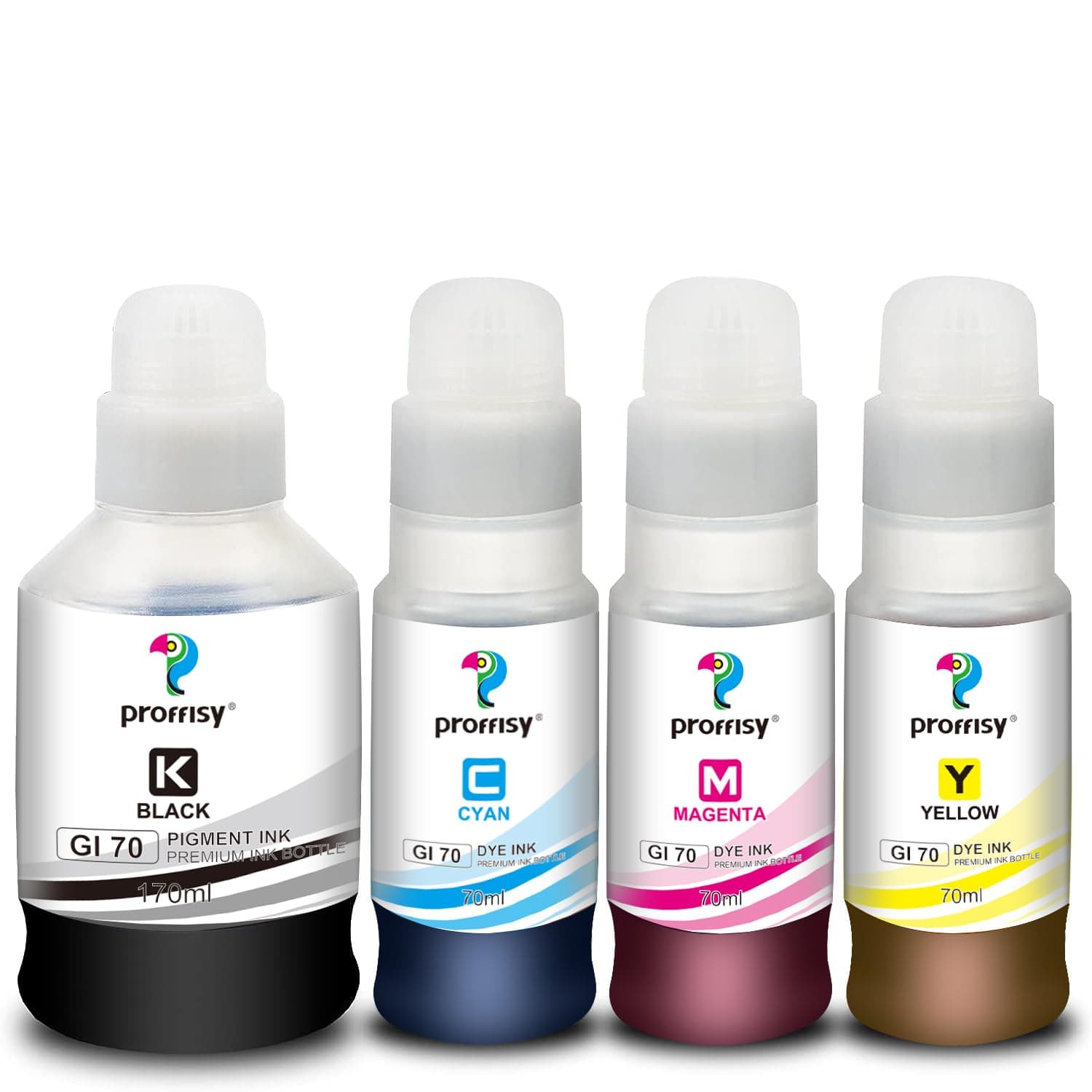 proffisy G Series GI70 Ink Refill, 4 Color, High Yield & Easy to Refill | Compatible with Canon Pixma GM2070, GM4070, G5070, G6070, G7070, Consistent Output Performance, GI70 Ink Refill