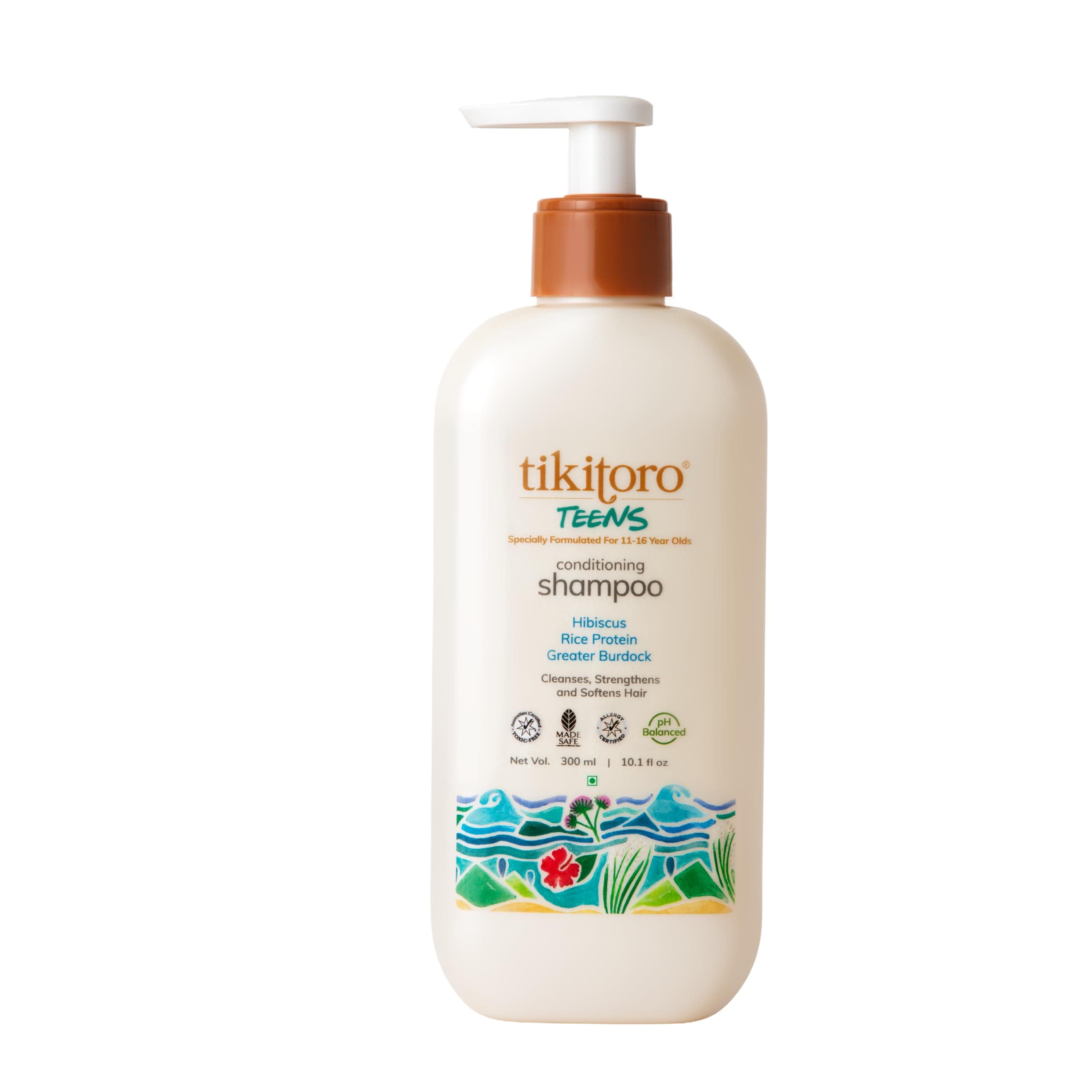 Tikitoro Teens Conditioning Shampoo 100% Vegan with Hibiscus, Rice Protein, Greater Burdock Extract, Cleanses, Strengthens & Softens Hairs, (Age: 11+) (300ml x 1)