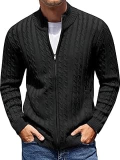 TYSORT Men's Cotton Full Sleeve High Neck Full Zipper Sweater for Men, Cable Knitted Cardigan for Men