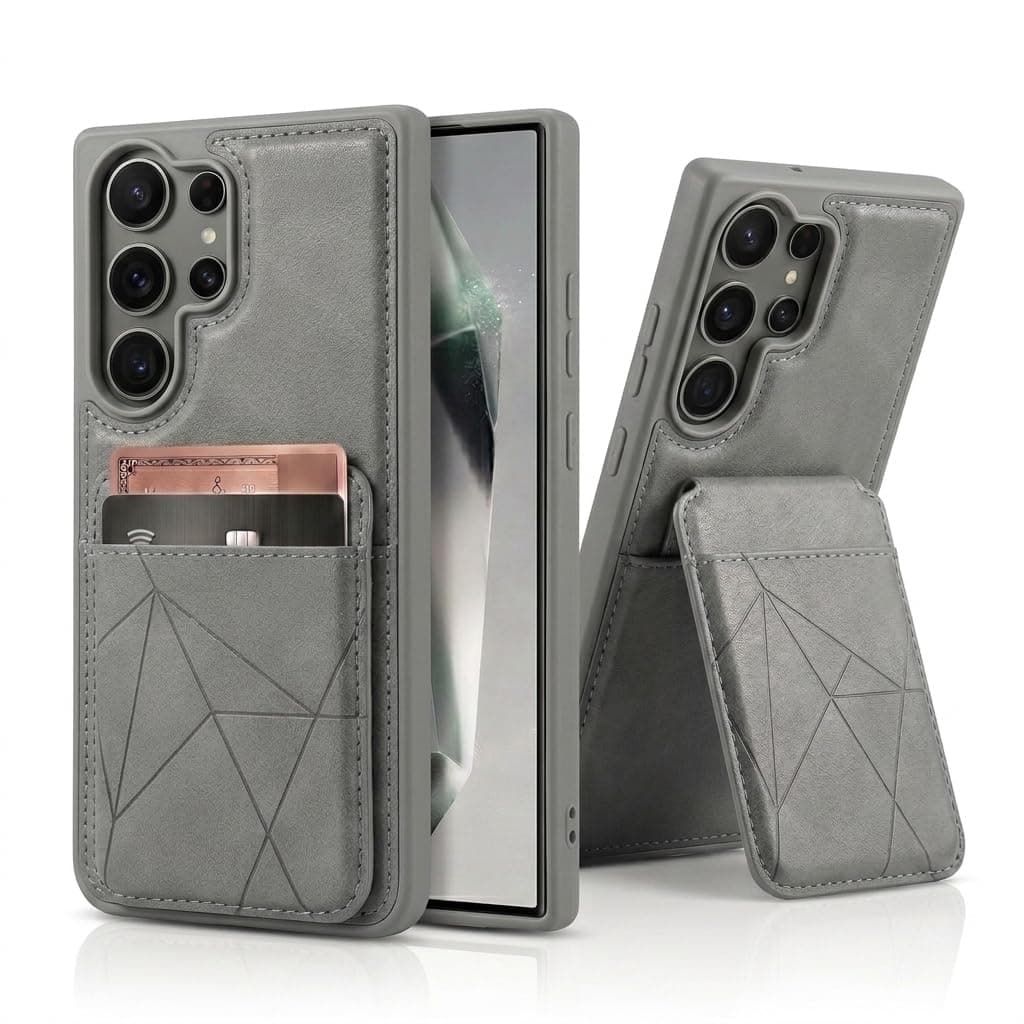 amazon basics Premium Vegan Leather Back Cover with Card Holder and Integrated Mobile Stand for Samsung Galaxy S26 Ultra 5G – Slim Shockproof Wallet Case with Geometric Stitching [Gray]