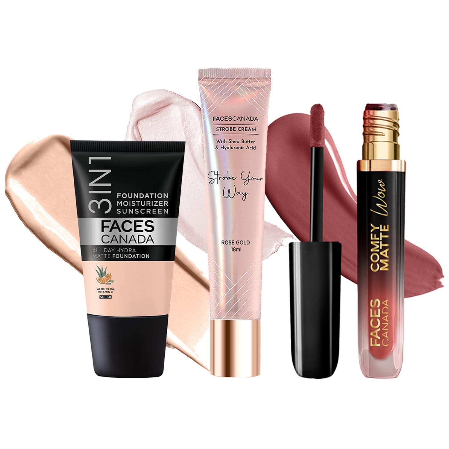 FACES CANADA Celeb Glow Combo |Strobe Cream - Rose Gold, 18ml + Hydra Matte Foundation - Rose Ivory, 18ml + Comfy Matte Wow - Choco Couture, 3.8ml | Highlighter | Highly Pigmented | Pack of 3