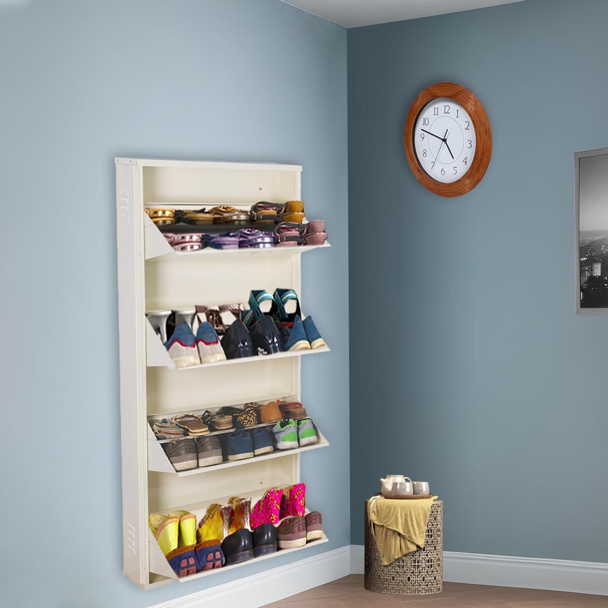 DELITE KOM 24" Wide, 8 Shelf Metal Shoe Rack Wall Mounted for Home with Central Lock | Holds Upto 24 Shoes or 40 Slippers Pair | Double Decker, 1 Yr Warranty, (54x24x8, Full Ivory), DIY, Space Saver