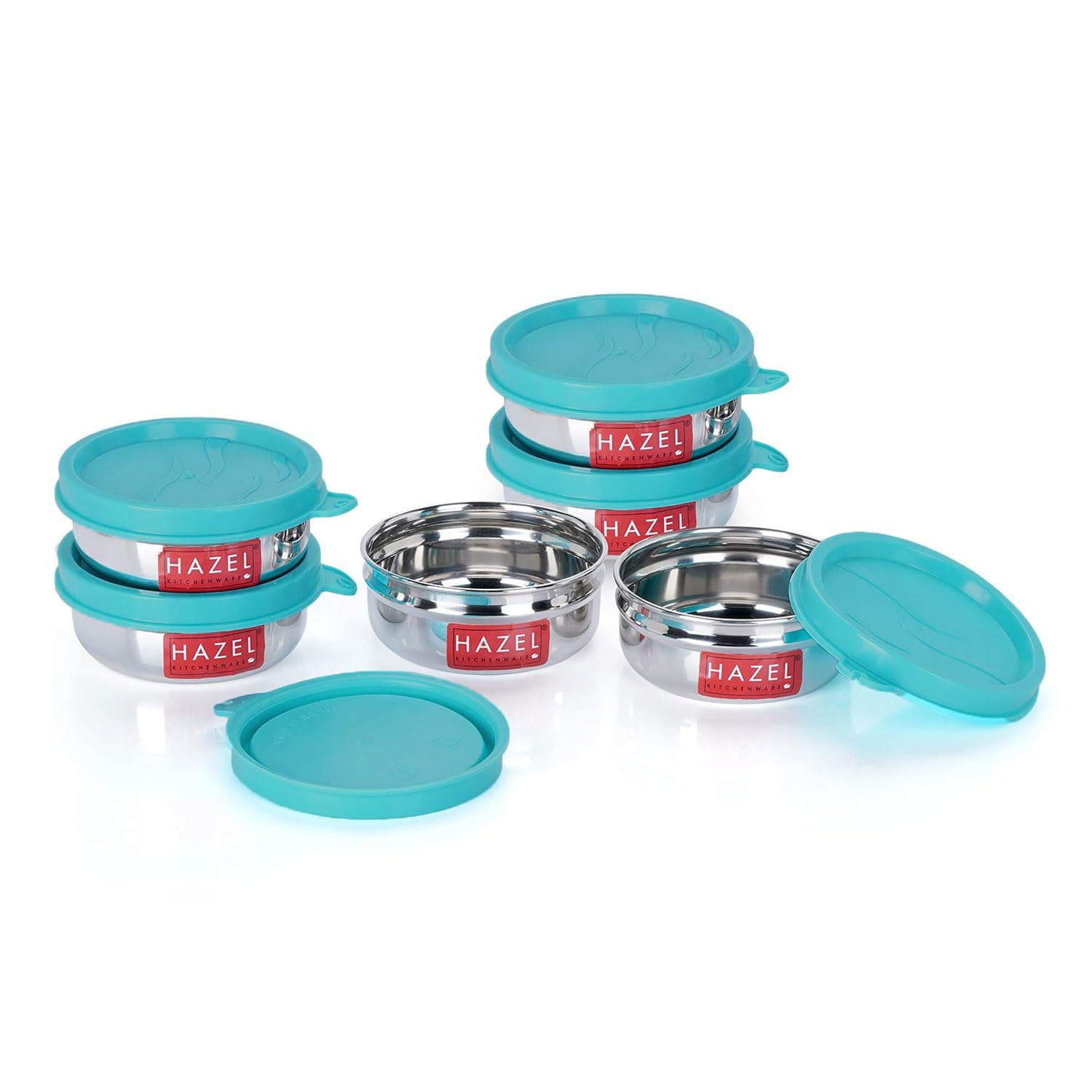 HAZEL Stainless Steel Container Set of 6 | Small Air Tight Containers for Kitchen Storage & Tiffin | Leak Proof Steel Jars with Lid, 90 ml Each, Silver