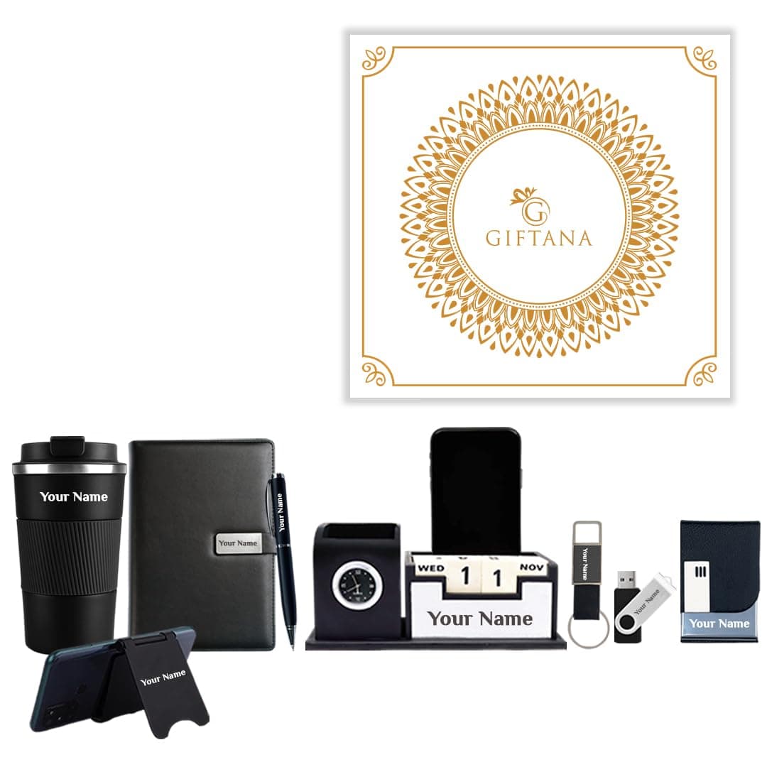 Giftana 8 in 1 Personalized Corporate Gift Set, Customized Name Diary, Tumbler, Metal Pen, Card Holder, Keychain, Pen Drive, Mobile Stand & Desk Organizer, Diwali Gifts, Black Office Gift Combo
