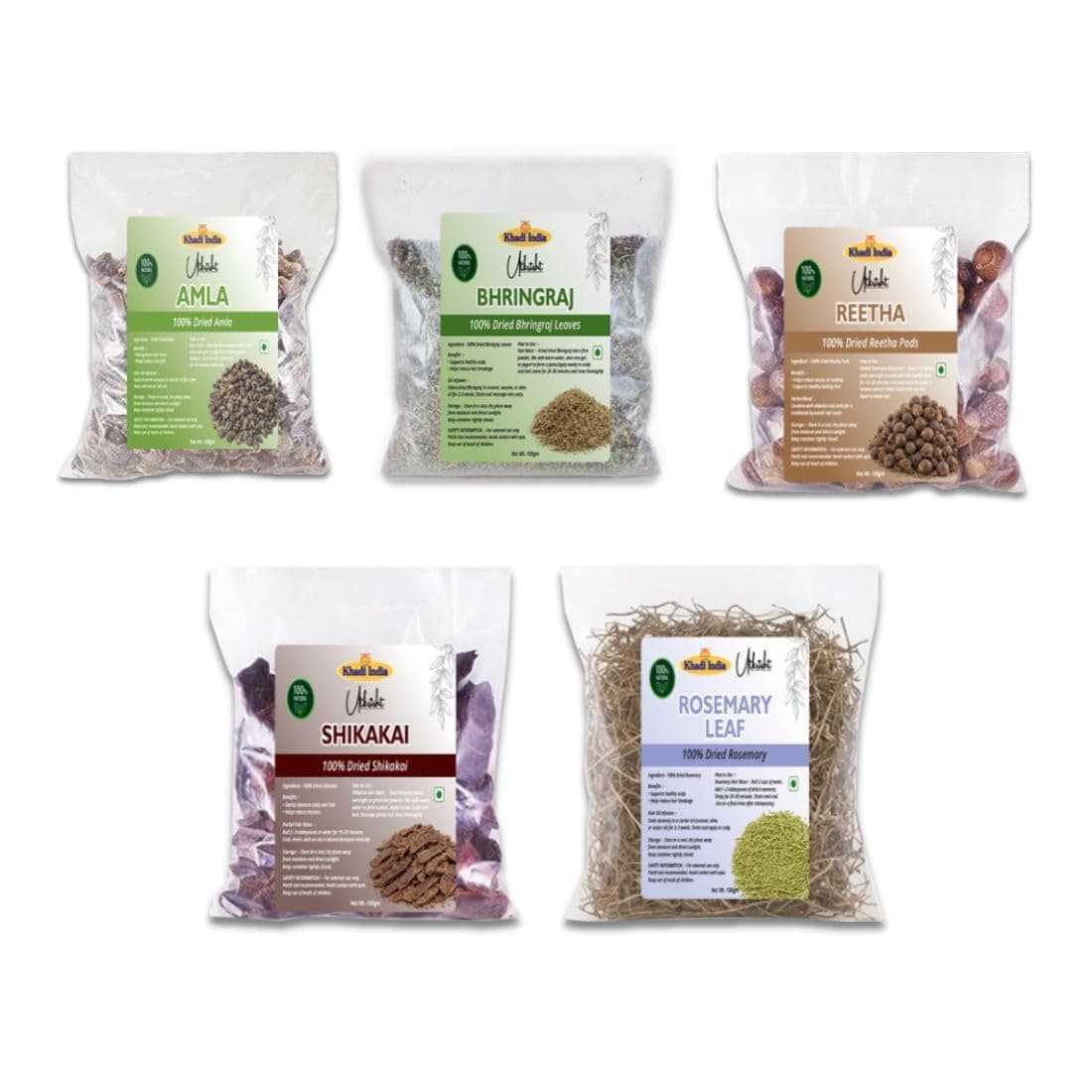 Khadi Utkrisht Dried Amla, Bhringraj, Shikakai, Reetha & Rosemary Combo | Natural Herbal Ingredients for Hair Wash, & DIY Hair Treatments - Pack of 5