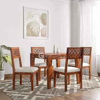 DRIFTINGWOOD Maharaja Sheesham Wood Dining Table 4 Seater | Wooden Four Seater Dinning Table with Cushion Chairs | Dinner Table 4 Seater | Dining Room Set Furniture | Self Assembly, Natural Brown