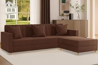 Rosebell 3 + 1 Wooden 4 Seater L-Shaped Sectional Sofa Set | Space-Saving Velvet Couch for Living Room & Office |Modern Convertible Design - Brown Color