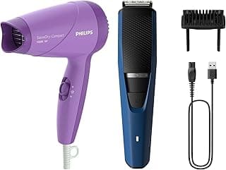 PHILIPS Skin Friendly Beard Trimmer- BT3303/30 & Philips HP8100/46 Compact Hair Dryer| 2 Flexible heat setting| ThermoProtect prevents overhearting | 1000 Watts- Purple