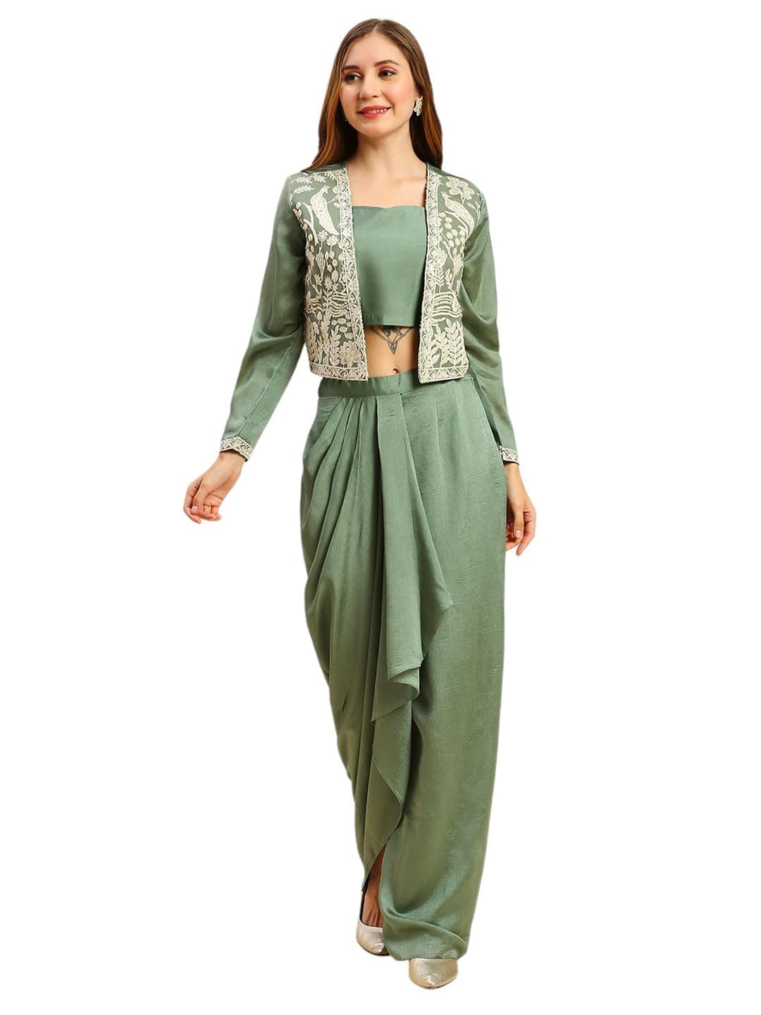 madhuram women'S Vichitra Silk Dhoti Skirt And Choli With Short Coti Set For Solid With Heavy Embroidery Work Set(M-2459)