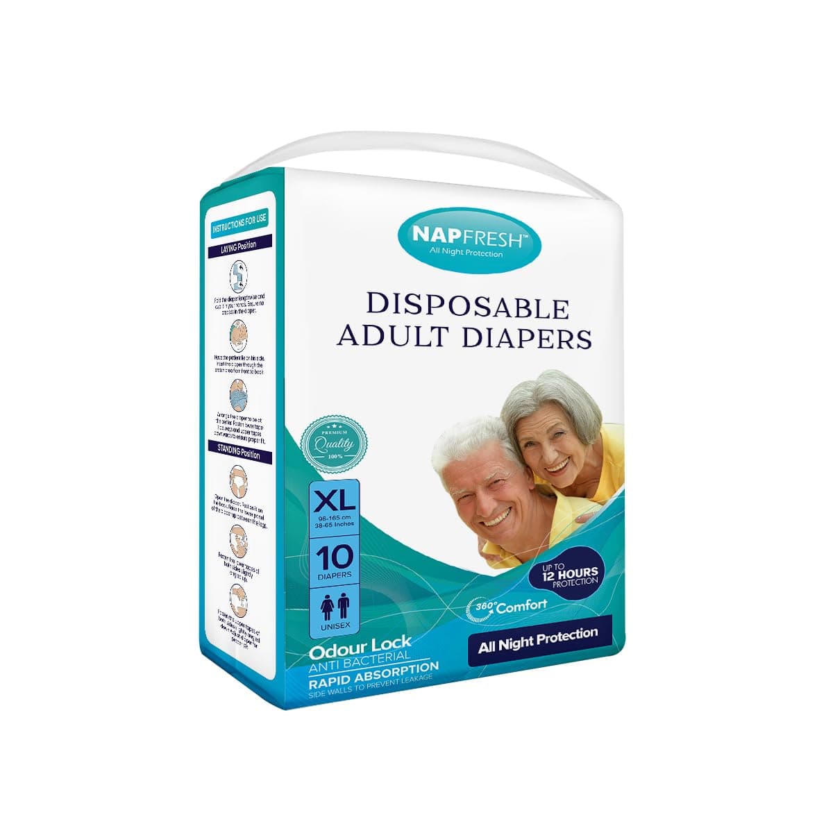 Napfresh Premium Adult Diapers Tape Style with Wetness Indicator | Upto 12 Hours Protection with Super Absorbent Core & Odour Lock | Leak Proof (Pack of 10, Extra Large (Waist Size 38"-65"))