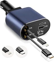GadgetBite VOLT Car Charger 120 Watt 4 in 1 Charger with Retractable Cables & Dual Ports Type C cable and Lightning cable Super Fast Charger Compatible With iPhone 17 to 11 Pro Max Android iPad - Blue