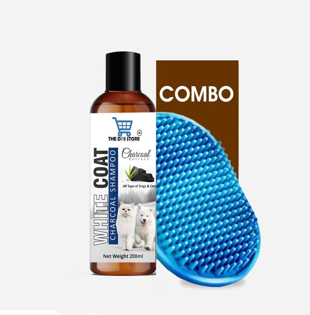 THE DDS STORE Dog Shampoo & Puppy Shampoo Naturally Organic Dog Shampoo For Smelly Dogs Grooming Products For Dogs, Deshedding Shampoo (1.Pc White Coat (Charcoal)+Bath Brush), 200 Milliliter
