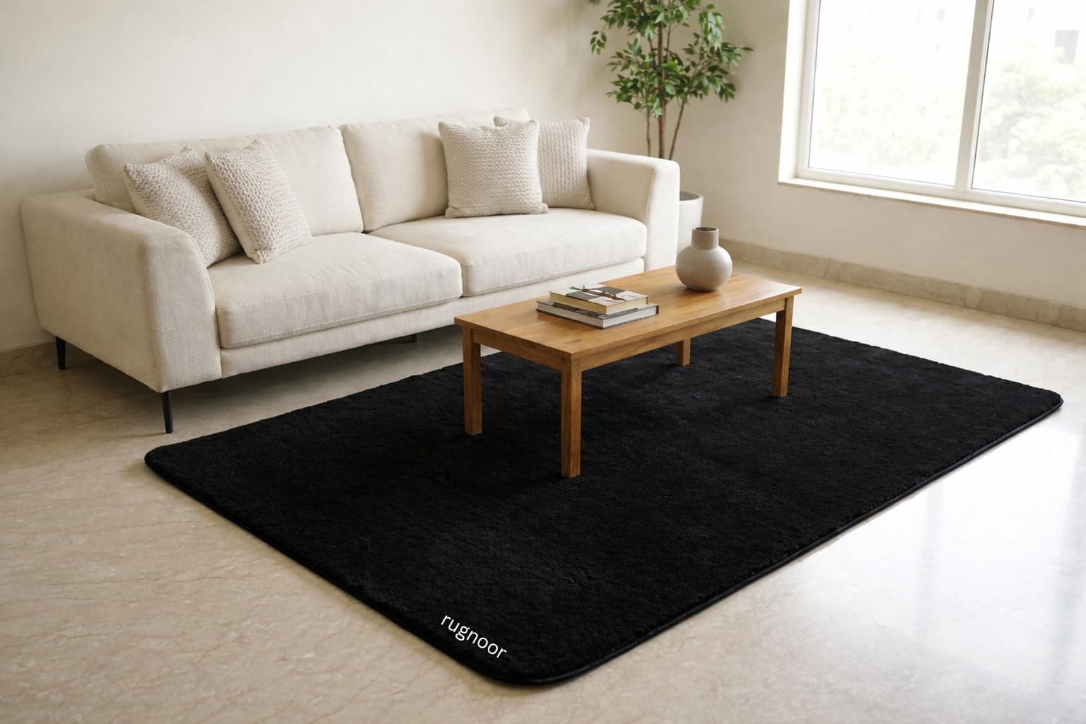 Rugs for Living Room – 5x7 Feet Runner Solid Fur Rug | Ultra Soft, Washable, Anti–Slip for Bedroom and Dining Room | Luxury Handmade Rug | Made in India (Black)