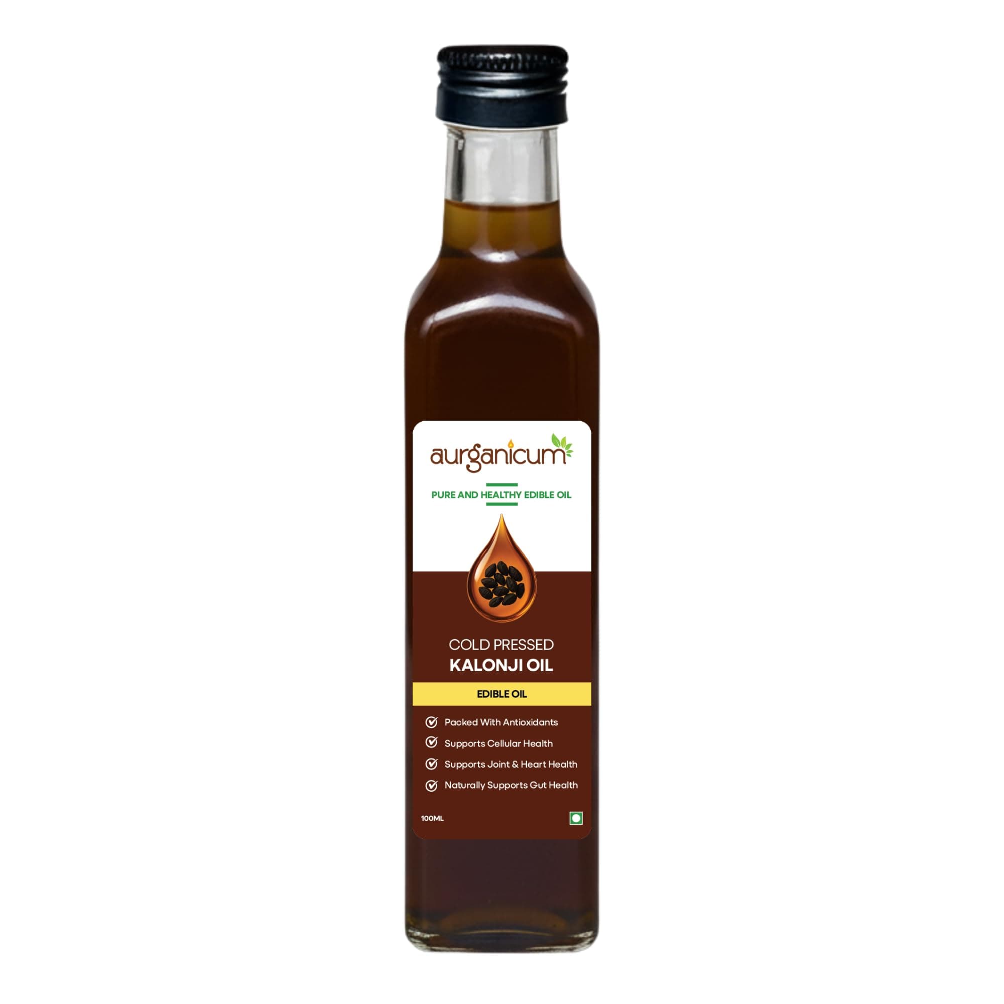 Aurganicum Kalonji Oil 100ml – Cold Pressed Nigella Sativa Black Seed Oil, 100% Pure Edible Oil for Cooking, Hair & Massage, Rich in Thymoquinone – Glass Bottle