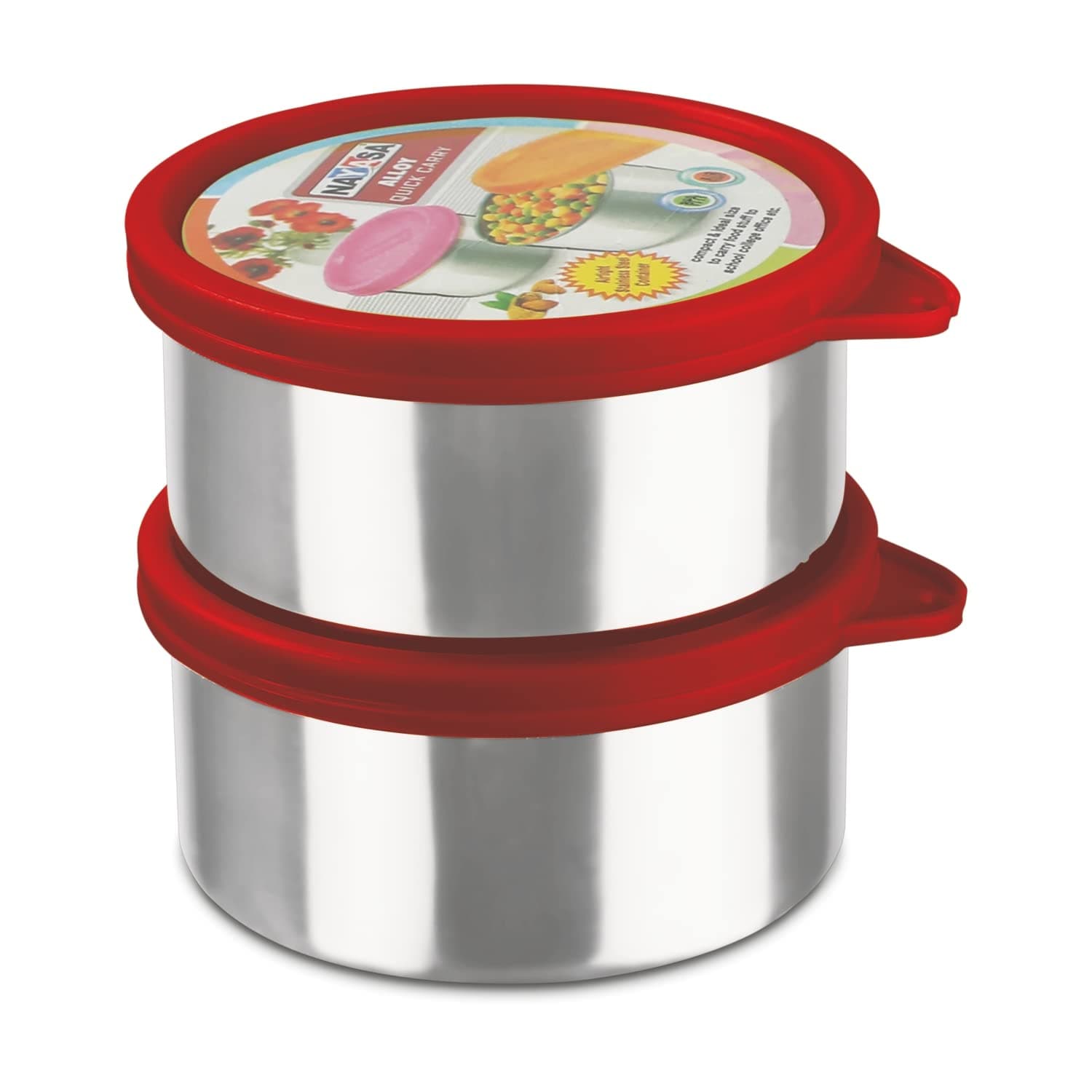 Nayasa Alloy Quick Carry Big - Set of 2, 150 ml Each, Stainless Steel Containers with Airtight Lids, Multi Purpose Containers, Light Weighted, Easy to Carry, Red