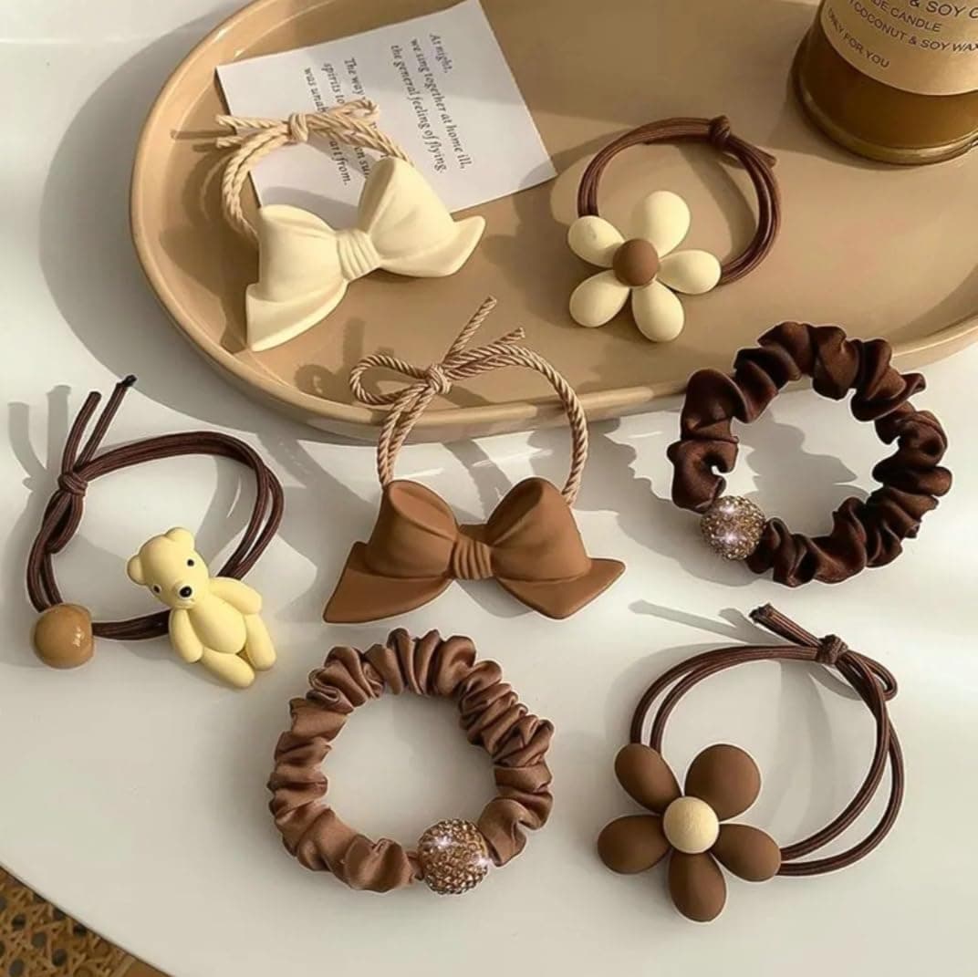 Diversa 7 Pcs Elastic Hair Band Scrunchies for Women & Girls, Brown Bowknot Flower style Hair band Cute Ponytail Rope for girls women Korean Cute Flower Bow Scrunchies Set Women