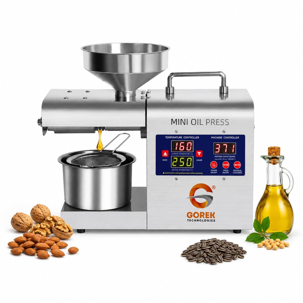Gorek Technologies 600W DC Motor Oil Press Machine | Stainless Steel Mini Automatic Cold & Hot Press Oil Extractor with Digital Temperature Controller | for Groundnut, Mustard, Coconut, Sesame Gt-O2N