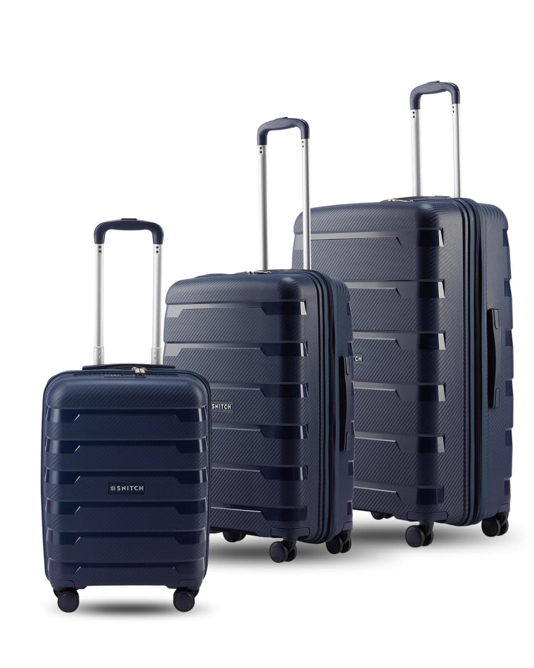 SNITCH Layer 3Pc Set Blue Polypropylene Hard Travel Suitcase - Suitcase for Travel Set of 3 & Luggage with 8 Wheels, Premium Lock, Wet & Dry Pouch & Free Shoe Bag