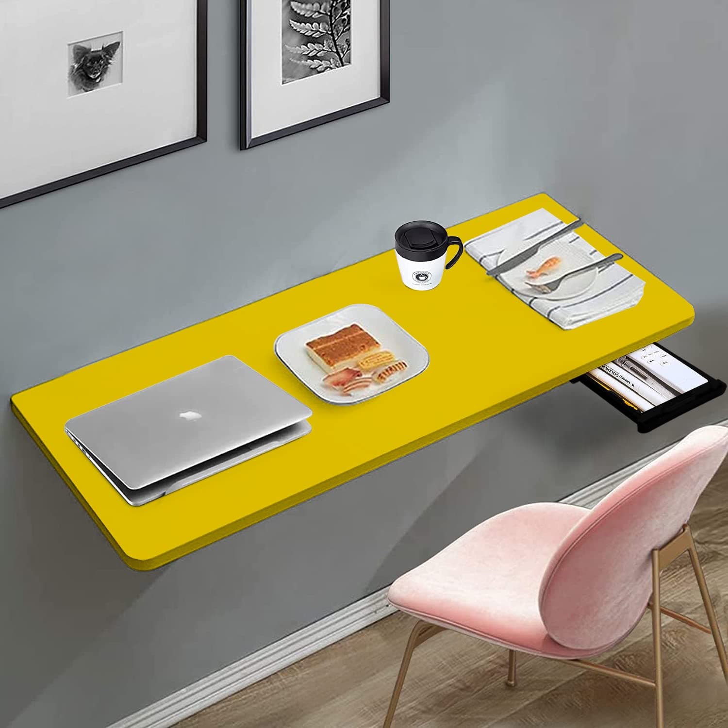 QARA (16x31.5 inches Wood Wall Mounted Round Corner Folding Study Table| Wall Mount Table with Drawer | Foldable Desk for Home and Office Computer- Yellow