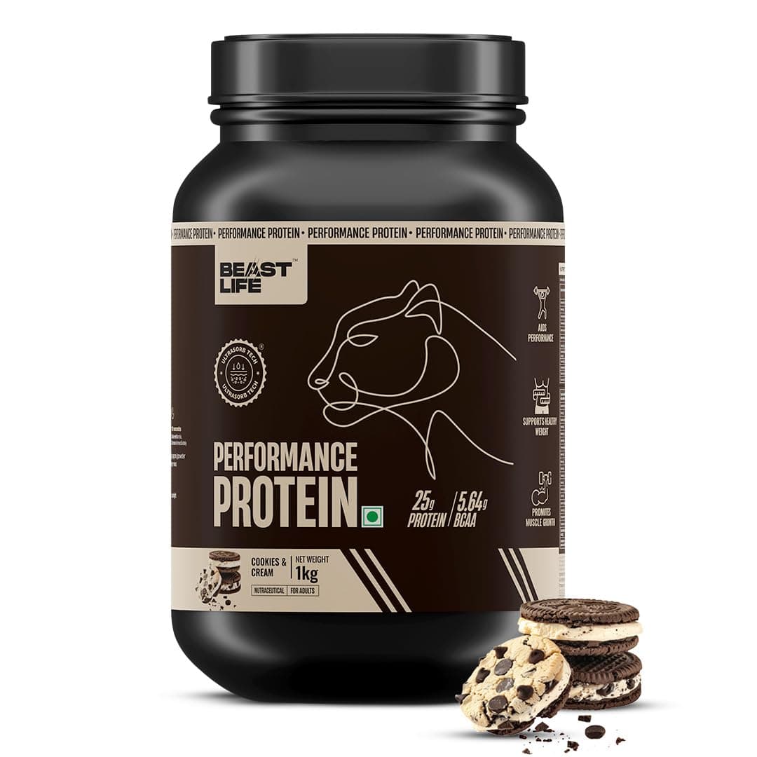 BeastLife Performance Yeast Protein Powder | 25g Protein | Cookie & Cream|NABL Lab Certified | High Absorption for Muscle Growth |Smooth & Light, Easy to Digest with Ultrasorb Tech|5.64g BCAA | Best For Gut | Beta Glucan | Improves Immune Function | 1 Kg