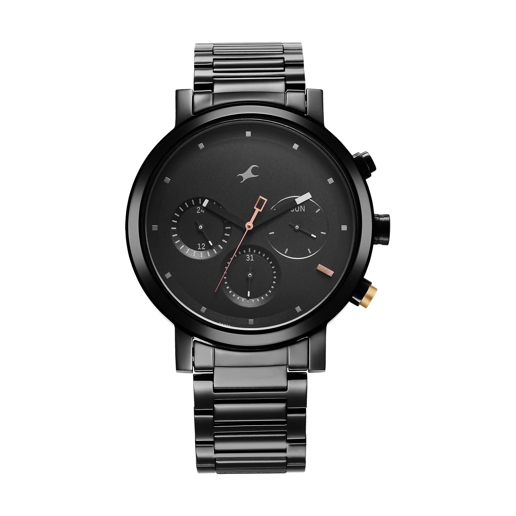 Fastrack Tick Tock Quartz Multifunction Black Dial Black Stainless Steel Strap Watch for Guys - NT3287KM06