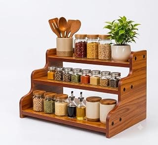 2-Tier Spice Rack, 13.8 Inch Wood Step Shelf Countertop Spice Storage Holder, Kitchen Pantry Cabinet Organizer Cupboard for Spice Bottles, Jars, Seasonings, Baking Supplies
