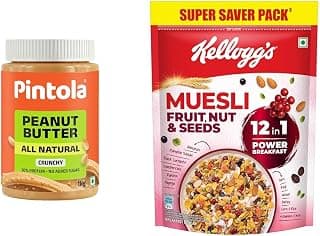 Pintola All Natural Peanut Butter Crunchy 1kg and Kellogg's Muesli Fruit Nut & Seeds | 1kg + 750g