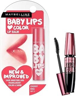 Maybelline New York Baby Lips Glossy Lip Balm, Cherry Kiss, 4G And New York Hypercurl Mascara Waterproof, Black, 9.2Ml