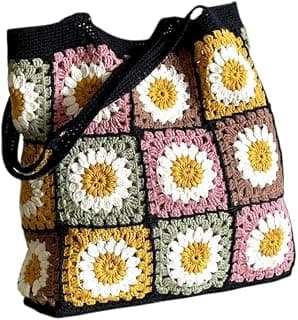 I.F.H Handmade Crochet Tote Bag for Women | Daisy Flower Shoulder Bag | Cotton Knitted Boho Handbag | Large Crochet Shopper Tote | Multicolor Floral Bag