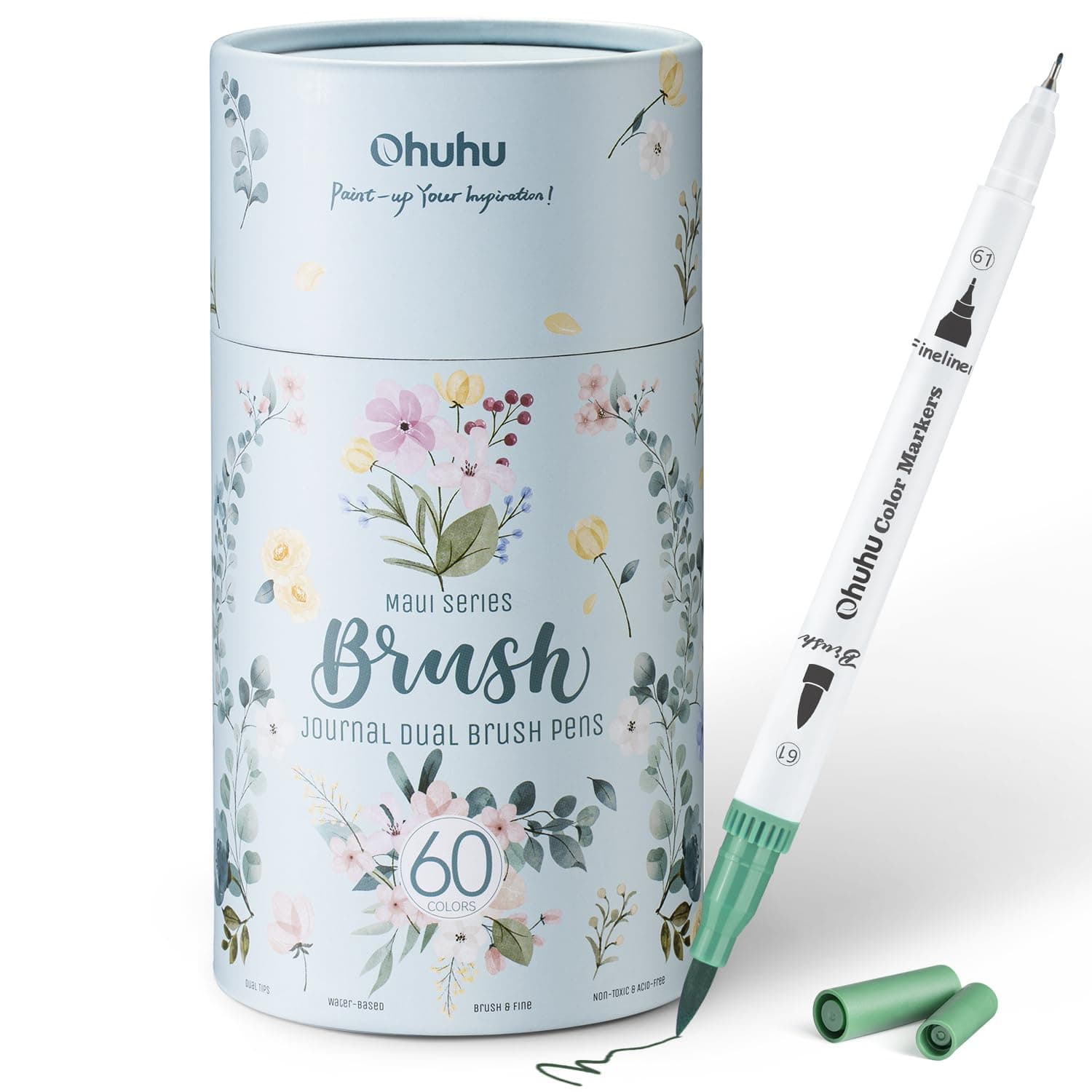 Ohuhu Brush Pen 60 Colors Water-based Sketch Pen Set for Artists No Bleeding Dual Tips Fineliner & Brush Drawing Pens Art Marker for Kids Adults Sketching Calligraphy Journal School - Maui - White