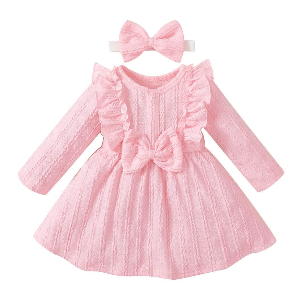 Hopscotch Girls Polyester and Spandex Bow Applique Full-Sleeve Casual Dress with Headband in Pink Color