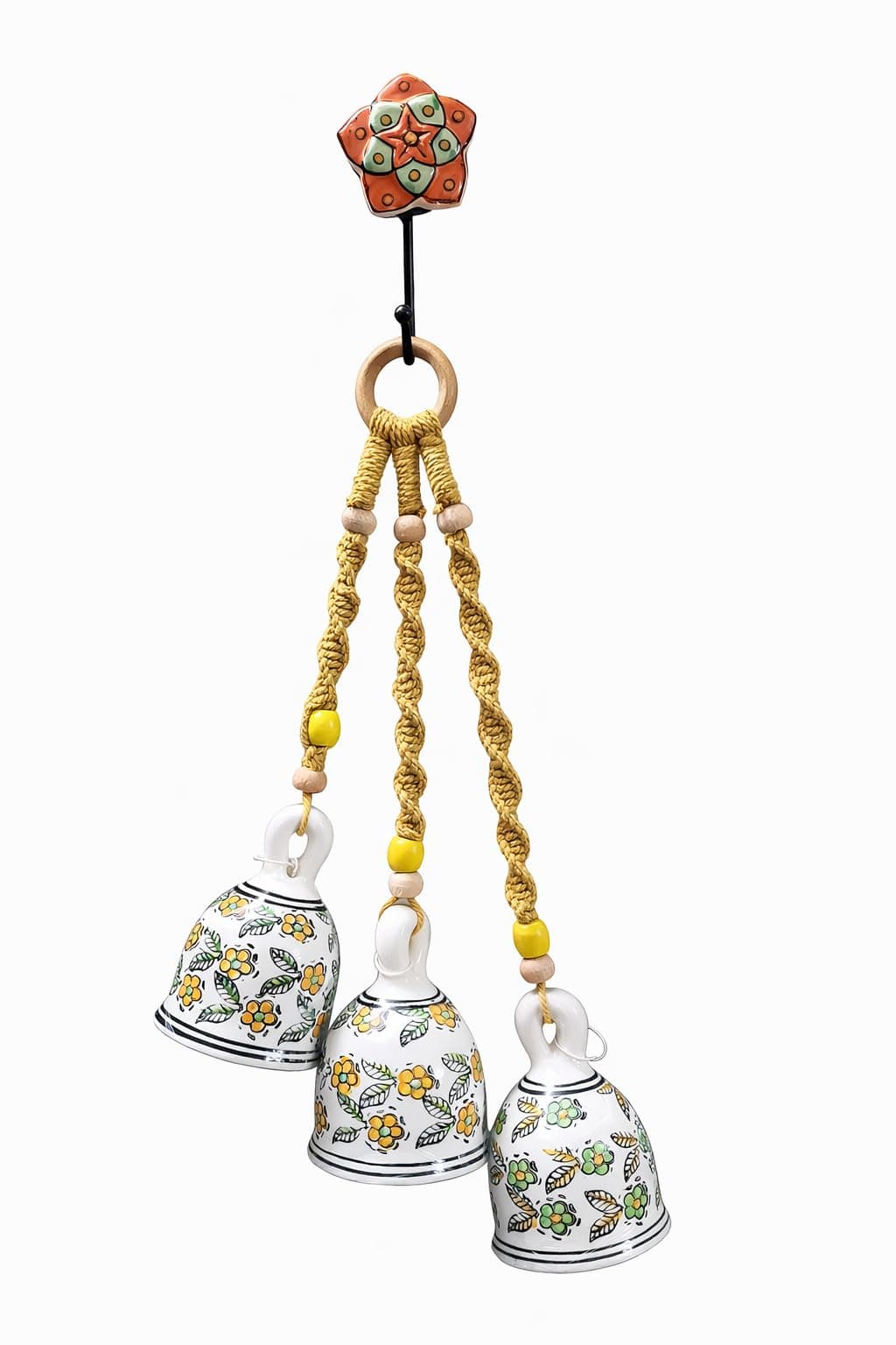 RHD Macrame Melodies | 3 Ceramic Bells (5 Inch) Multicolour | Handmade Wall Décor Wind Chime with Hand-Painted Ceramic Hook | Home, Balcony & Indoor Decoration