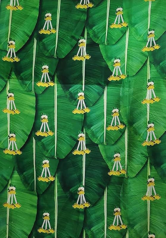 Background Decoration Cloth for Wedding and Birthday Pooja Decoration Fabric Banana Leaf with Flowers 5X8