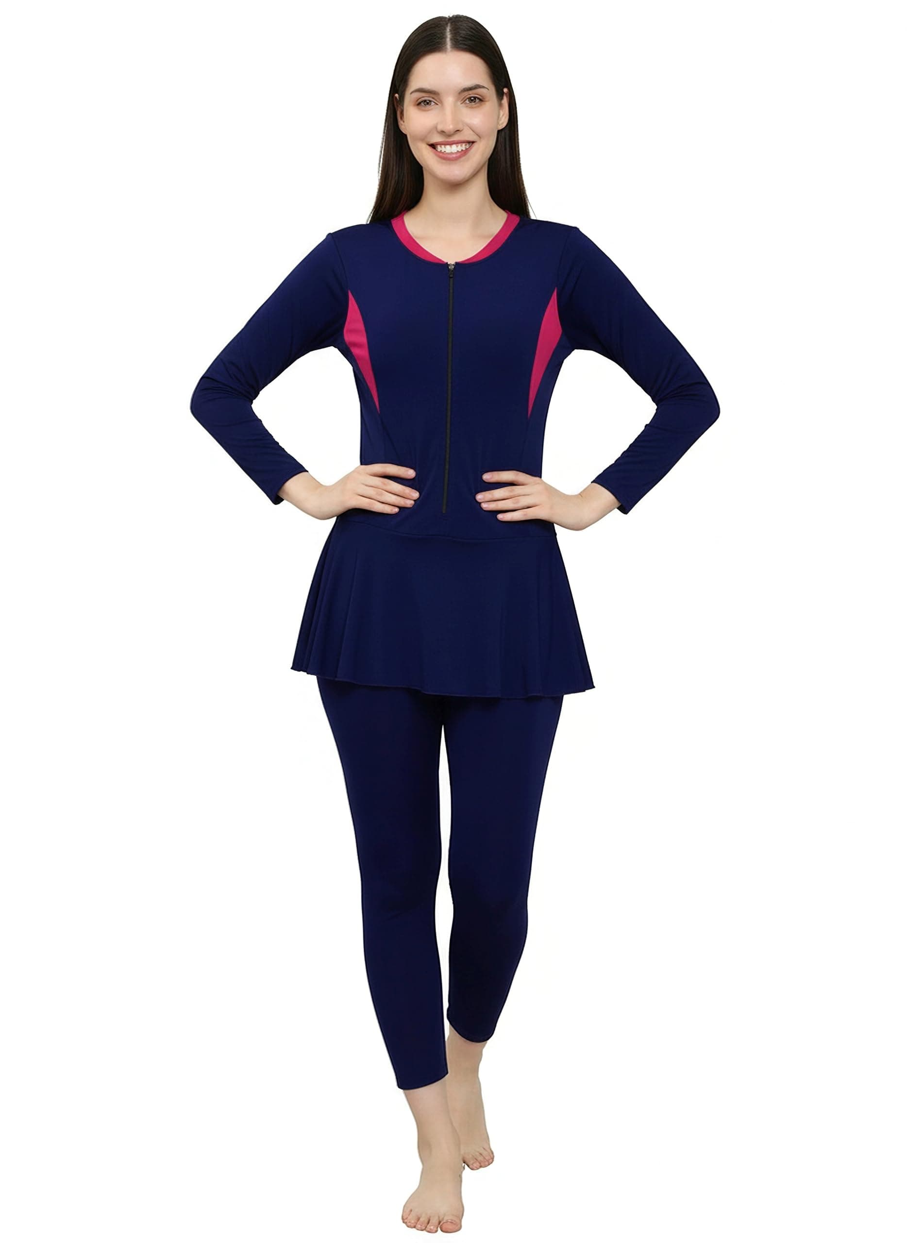 MEGASKA Women Color Block Full Coverage One Piece Swimsuit with Removable Chest Pads Front Zipper Frock Style Design Swimming Costume