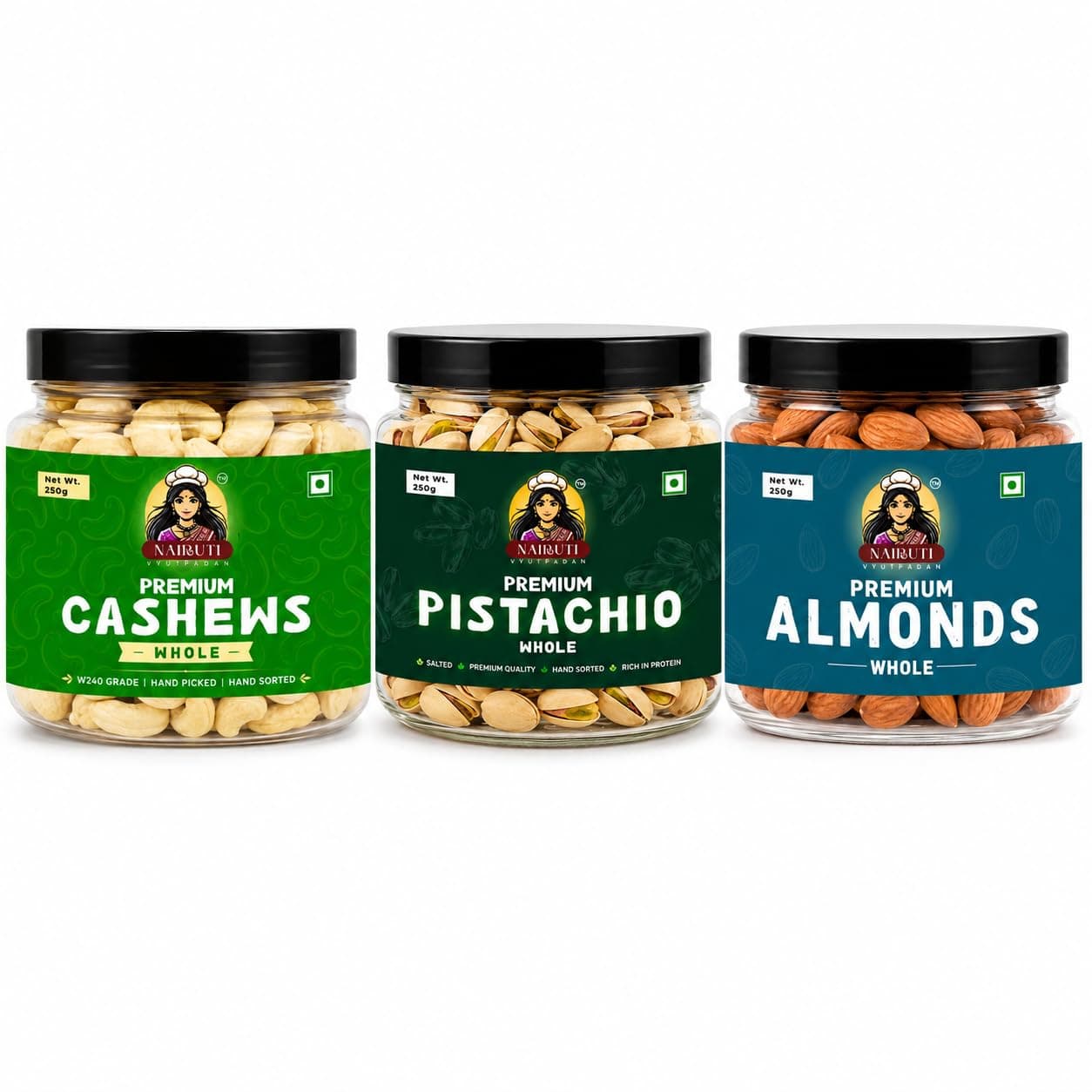 Nairuti Vyutpadan Premium Dry Fruits Combo Pack | Cashew W240, Salted Pistachios & California Almonds | 250g Each Jar (750g Total) | Healthy Nut Mix | Protein Rich Snack | Premium Gift Pack | No Added Preservatives