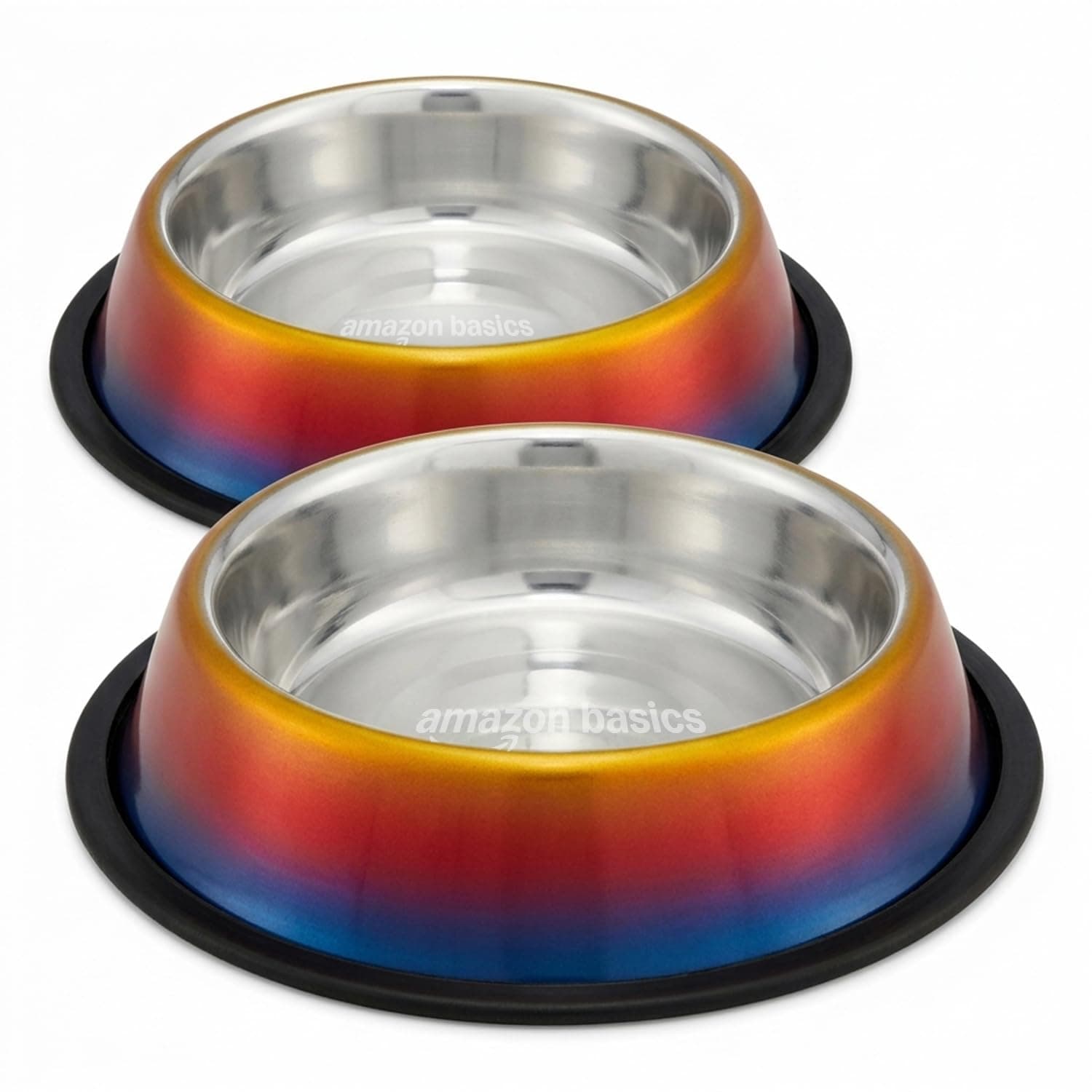 Amazon Basics Stainless Steel Pet Feeding Bowls for Dog & Cats | Anti Slip Base | Set of 2 | 700 ml Each | Rainbow Color