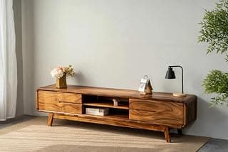 Woodcrony Wooden Entertainment Tv Unit for Living Room | Tv Stand/Tv Cabinet with 2 Door, 2 Open Shelf Storage | Sheesham Wood Media Console Tv Cabinet for Drawing Room | Natural Finish