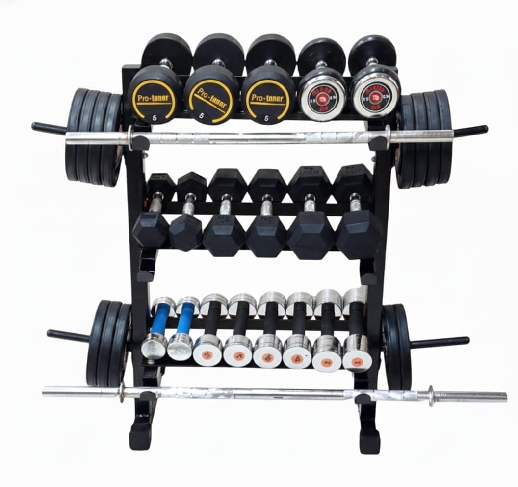 Protoner 3 in 1 Dumbbell Rack, Plate Stand and Bar Holder, Multi-Tier Weight Storage Organizer (Black)