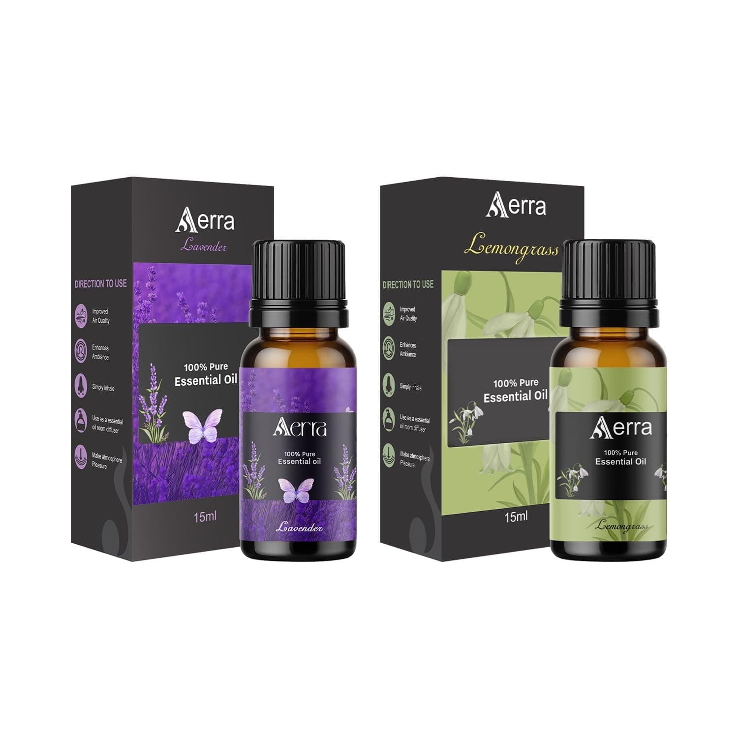 Aerra Serenity Duo – Lavender & Lemongrass Essential Oil Combo (2 x 15ml) – Pure Aroma Oils for Diffuser, Puja, DIY – Vegan